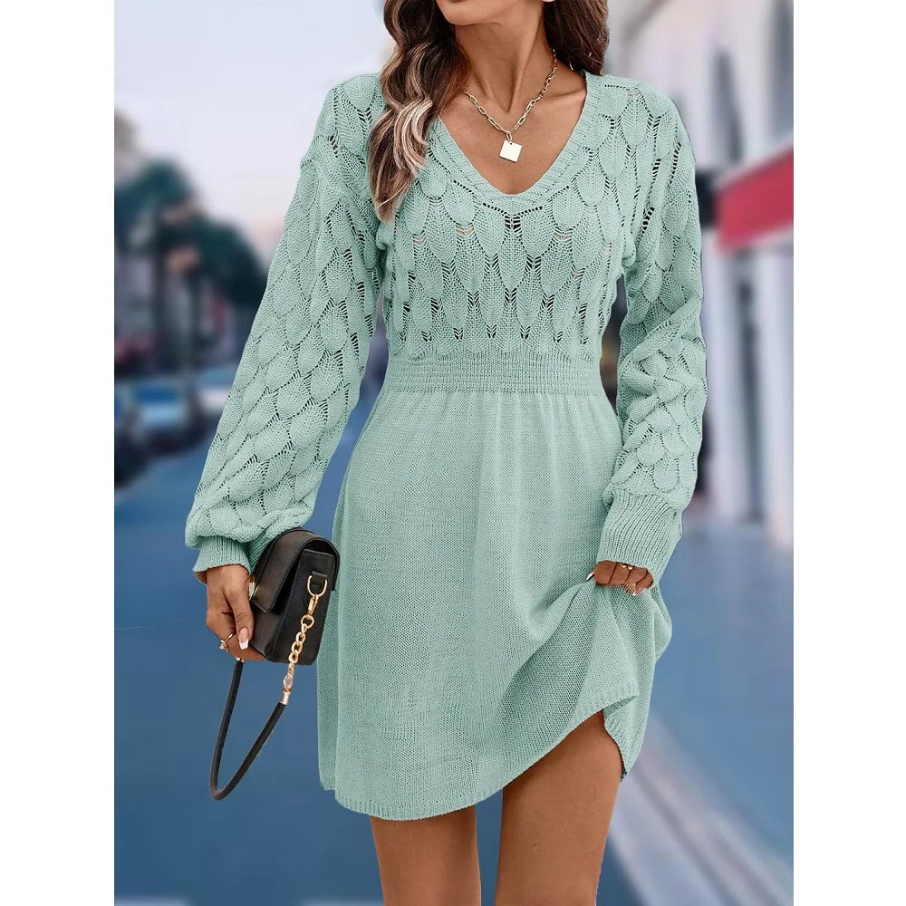 Women Autumn Winter Sweater Dresses V-neck 3D Crochet Knitted Long Pullovers Sweaters Dress