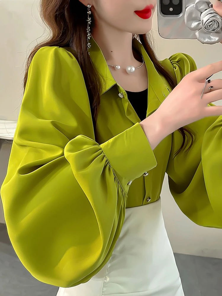 Retro Elegant Women's Long Sleeve Shirt Spring Autumn New Design  Fashionable Top  Collar Loose Fit UV Protection