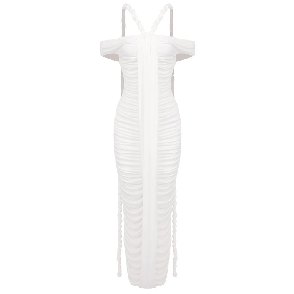 Bodycon Black Dress Elegant Braid Evening Gown for Women Off Shoulder Ruched White Long Dresses Slimming 2025 New Party Vestdio