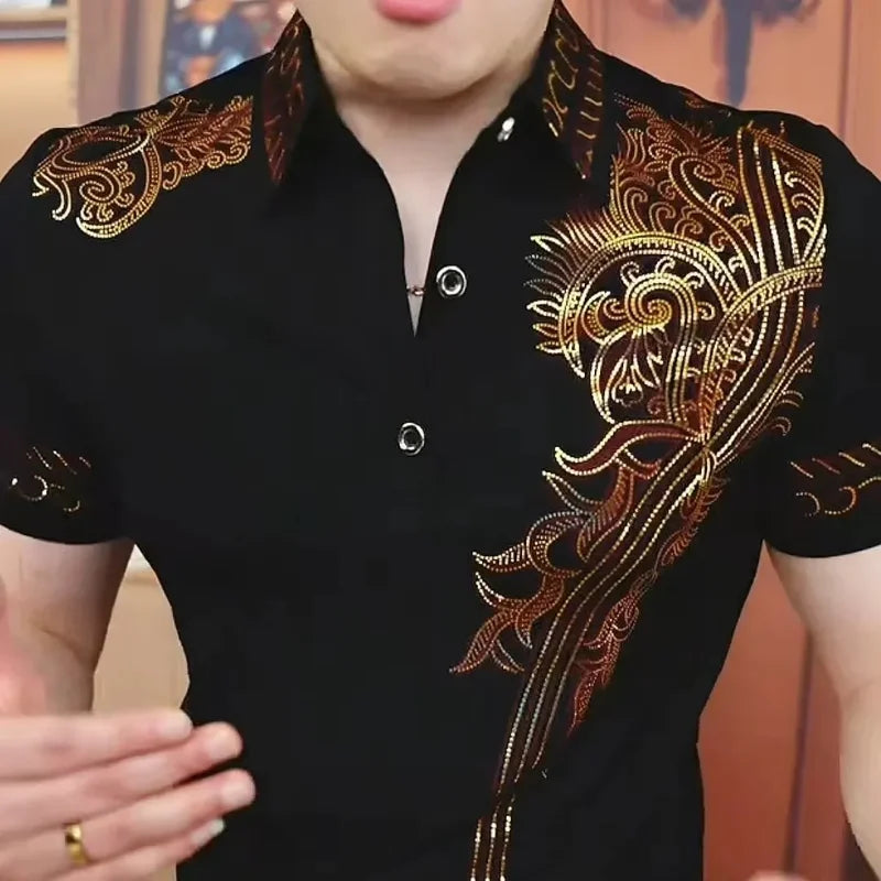 Men's Black Polo Shirt Short Sleeve Gold Paisley Embroidery Slim Fit Casual Top