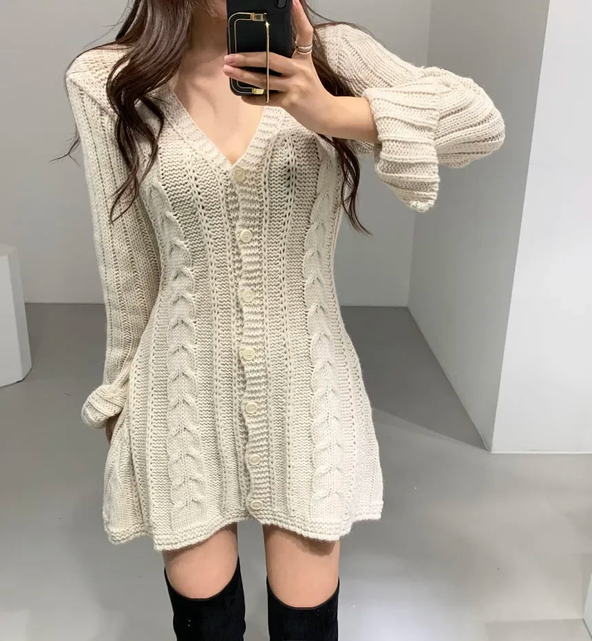 Sweater Dress for Women Long Sleeve Cable Knit Button Down Fitted Mini Dress Teen-girl Fall Winter Retro 90s Outfit