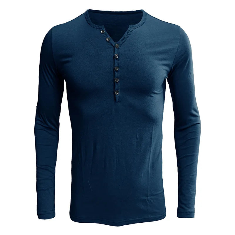 Men's POLO Shirt Casual Light Solid Color Button V-neck Slim-Fit Home Comfortable Long-Sleeved Pullover Base Tops