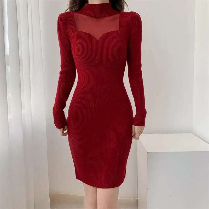 Elegant White Women'S Autumn Knitted Sweater Dresses Spliced Mesh Sheer Stand Collar Long Sleeve Waist A-Line Hip Dress Party