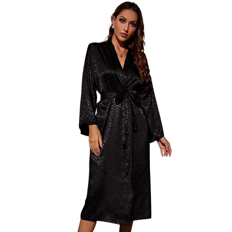 Women Robe Black Print Leopard Kimono Bathrobe Gown with Belt Sexy V-Neck Nightgown Sleepwear Loose Silk Satin Home Dress
