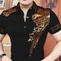 Men's Black Polo Shirt Short Sleeve Gold Paisley Embroidery Slim Fit Casual Top