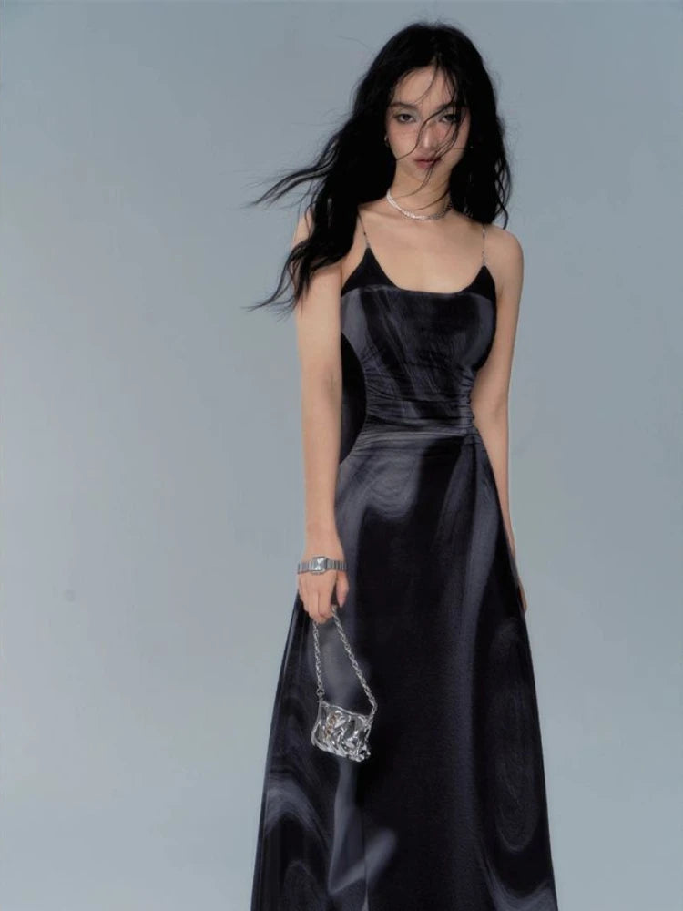 Maxi Dresses Womem Vintage Printing Trendy Summer Design Simple Folds Vestidos Elegant Sexy Ulzzang Ladies Streetwear Sleeveless