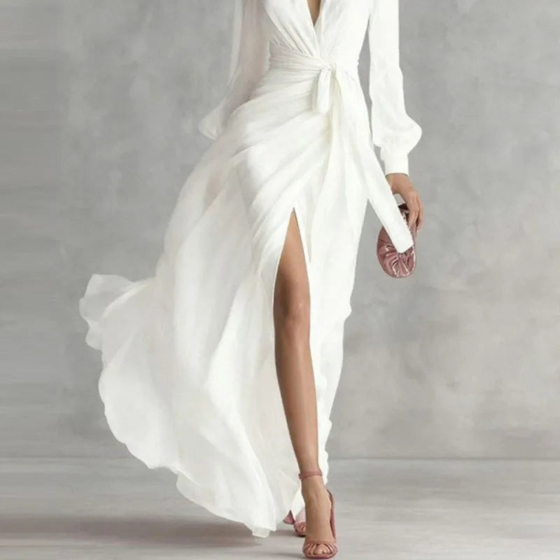 Bohemian Vacation Summer Maxi Dress Woman Sexy Deep V Neck Puff Sleeve Long Dress Spring Solid Lace-up High Slit Evening Dresses