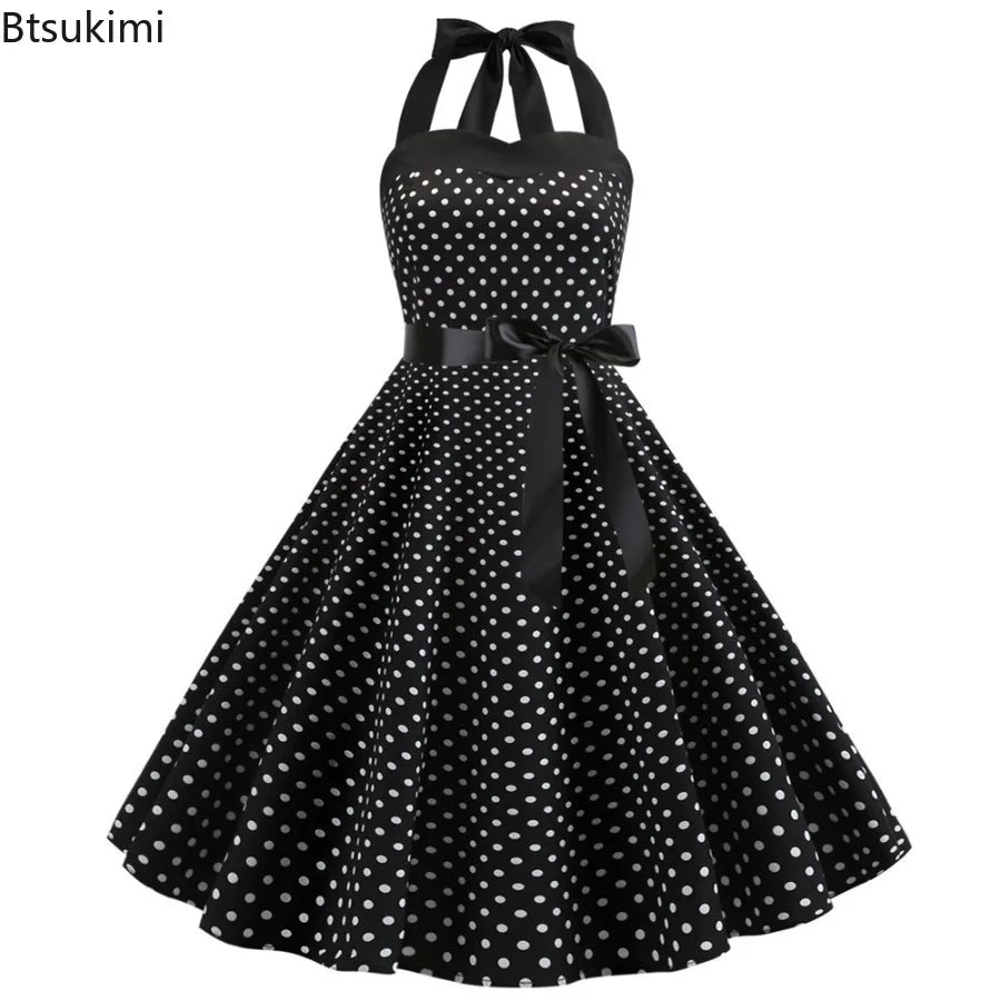 New Women's Polka Dot Print Summer Dress 50s 60s Pin Up Sexy Retro Hepburn Halter Dress Robe Femme Pin Up Rockabilly Party Dress