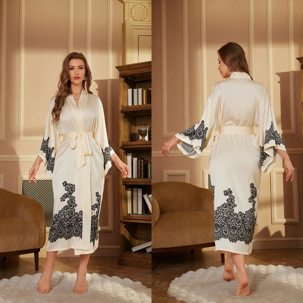 New Pajamas Comfortable Single Robe Long-Sleeved Robe Bathrobe Women's High-Grade Satin Ice Silk Nightgown