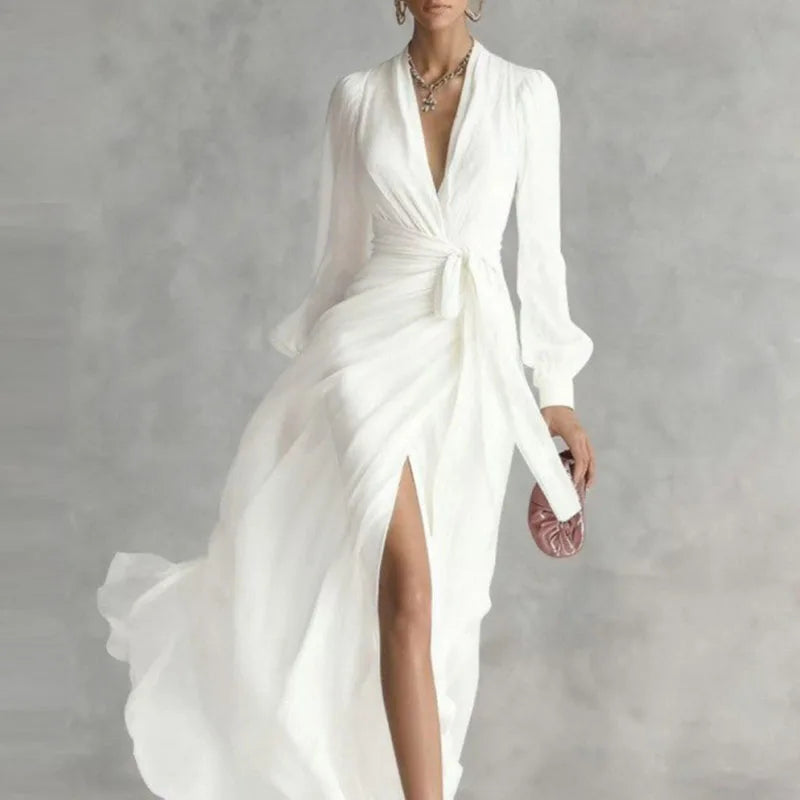 Bohemian Vacation Summer Maxi Dress Woman Sexy Deep V Neck Puff Sleeve Long Dress Spring Solid Lace-up High Slit Evening Dresses