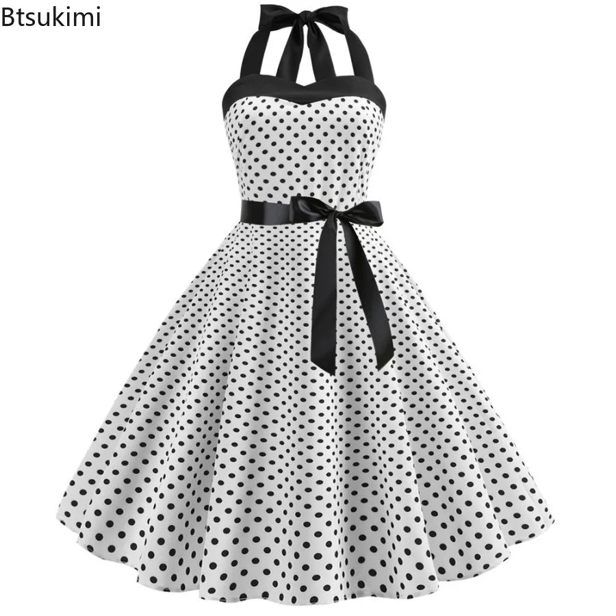 New Women's Polka Dot Print Summer Dress 50s 60s Pin Up Sexy Retro Hepburn Halter Dress Robe Femme Pin Up Rockabilly Party Dress
