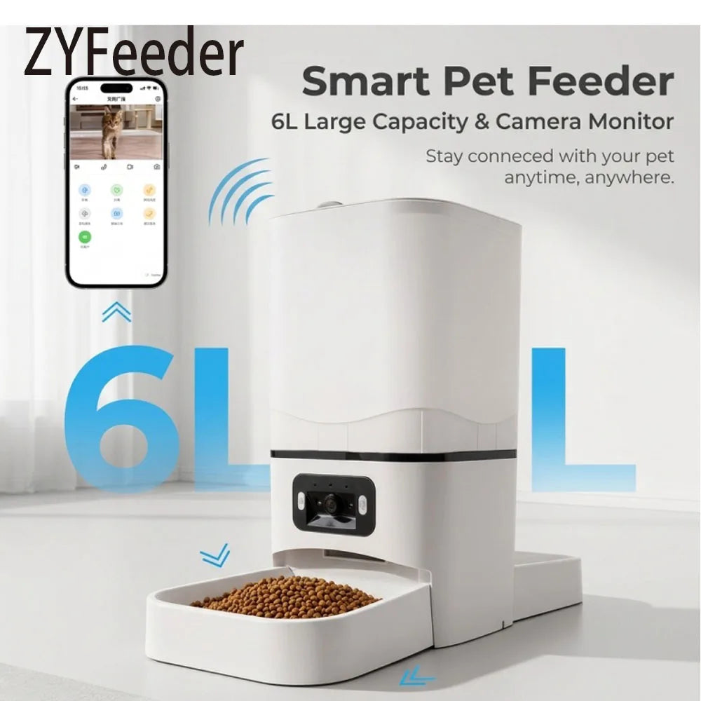 6L Smart Pet Feeder with 180° Dual Camera, WiFi App Control, Dual Bowl Automatic Cat Dog Feeder Schedule Meals & Video Monitor