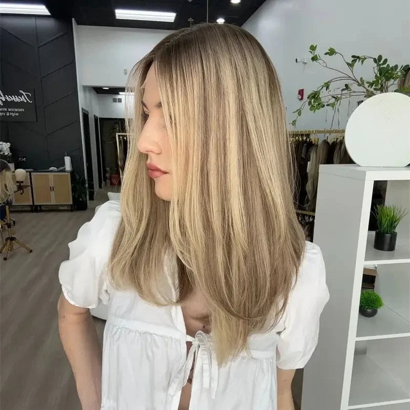 Glueless Lace Front Wig Ash Brown Blend Blonde Colored Real Human Hair Wigs 100% Natural Women Wig HD Transparent Small Large