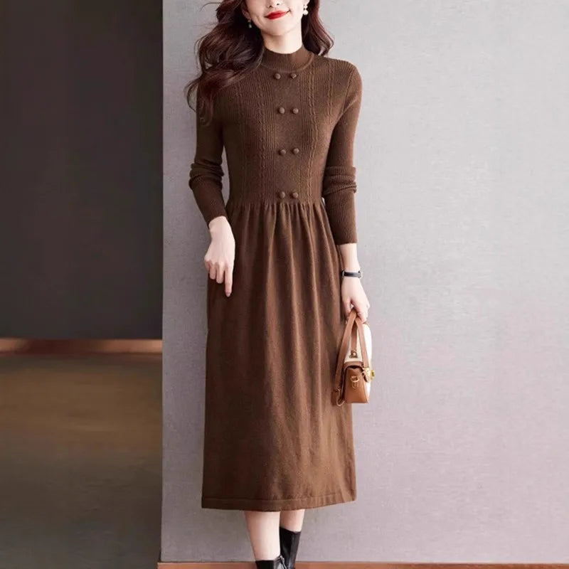 New Vintage Woolen Sweater Dress For Women Middle-long Pullover Fall Winter Clothes Woman Top Bottom Wear Pull Femme Knitwear