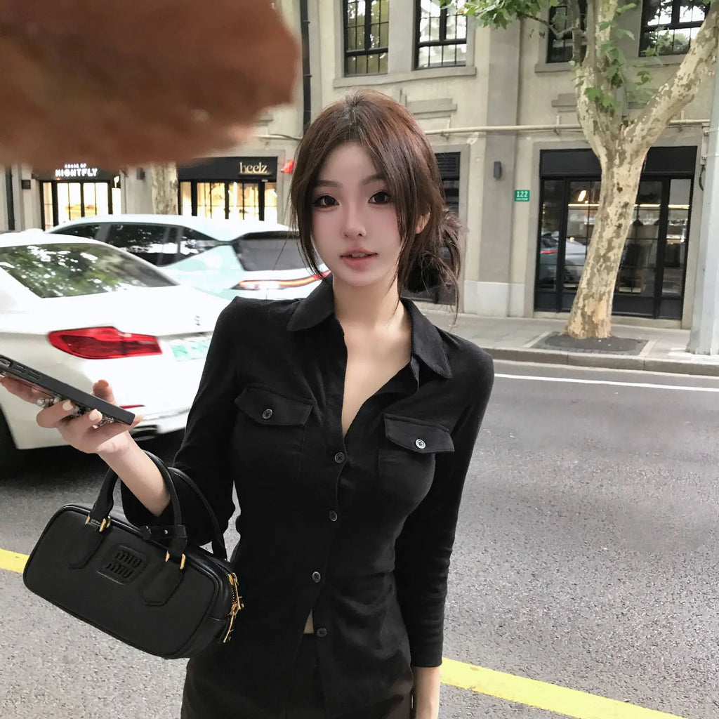 POLO Neck Long-sleeved Shirt for Women in Autumn New Waist-hugging Slim American Sweet and Spicy Top