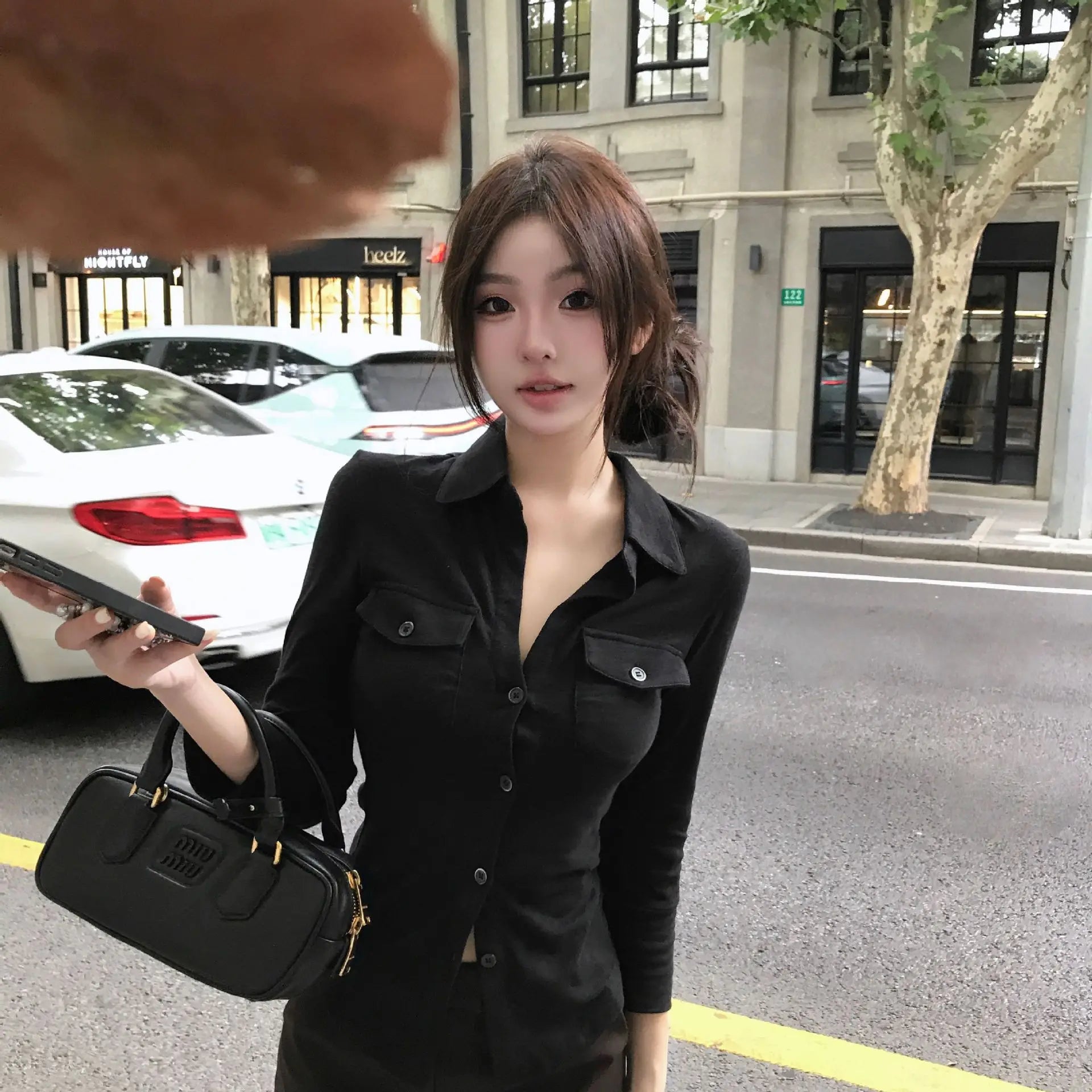 POLO Neck Long-sleeved Shirt for Women in Autumn New Waist-hugging Slim American Sweet and Spicy Top