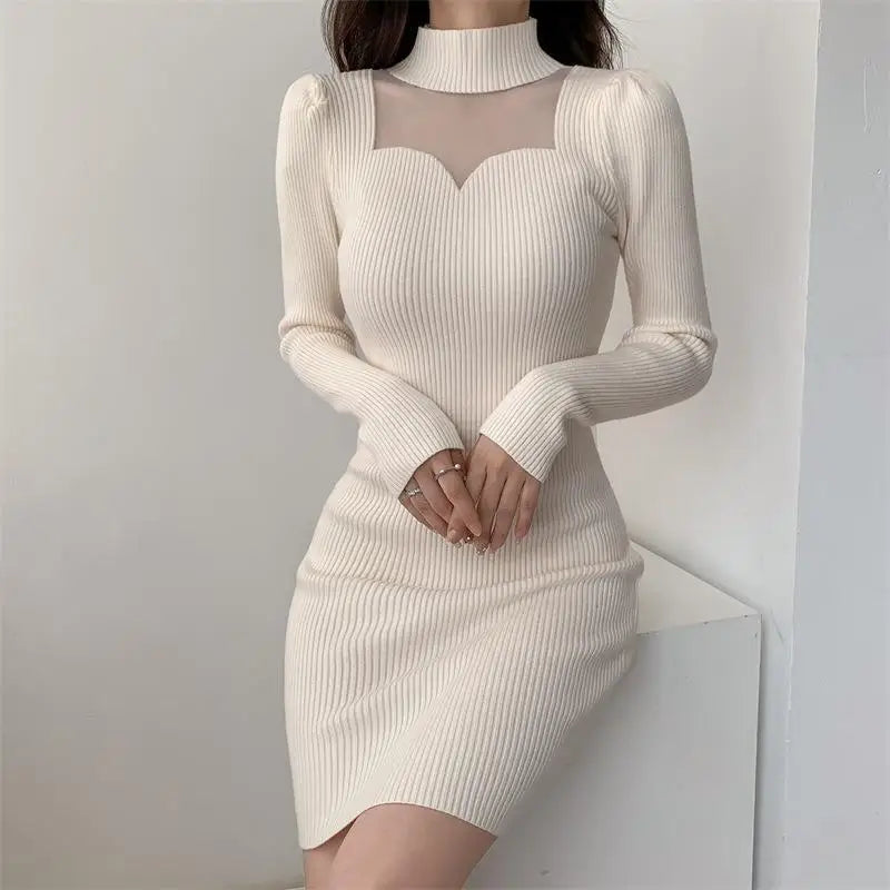Elegant White Women'S Autumn Knitted Sweater Dresses Spliced Mesh Sheer Stand Collar Long Sleeve Waist A-Line Hip Dress Party