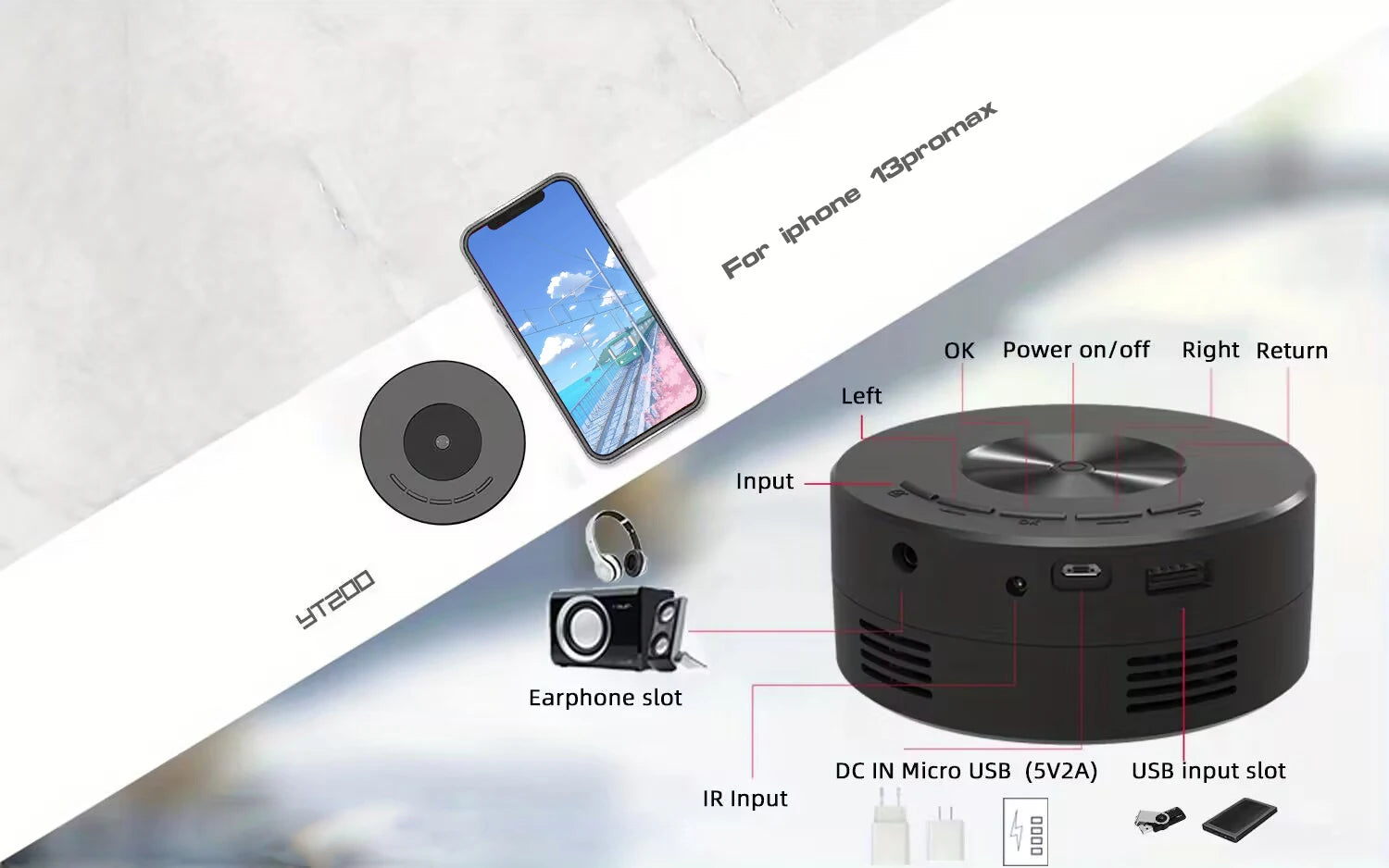 Mini circular projector YT200. High definition projector. Pocket projectors are convenient to carry.