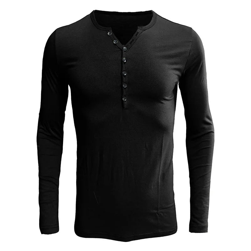 Men's POLO Shirt Casual Light Solid Color Button V-neck Slim-Fit Home Comfortable Long-Sleeved Pullover Base Tops