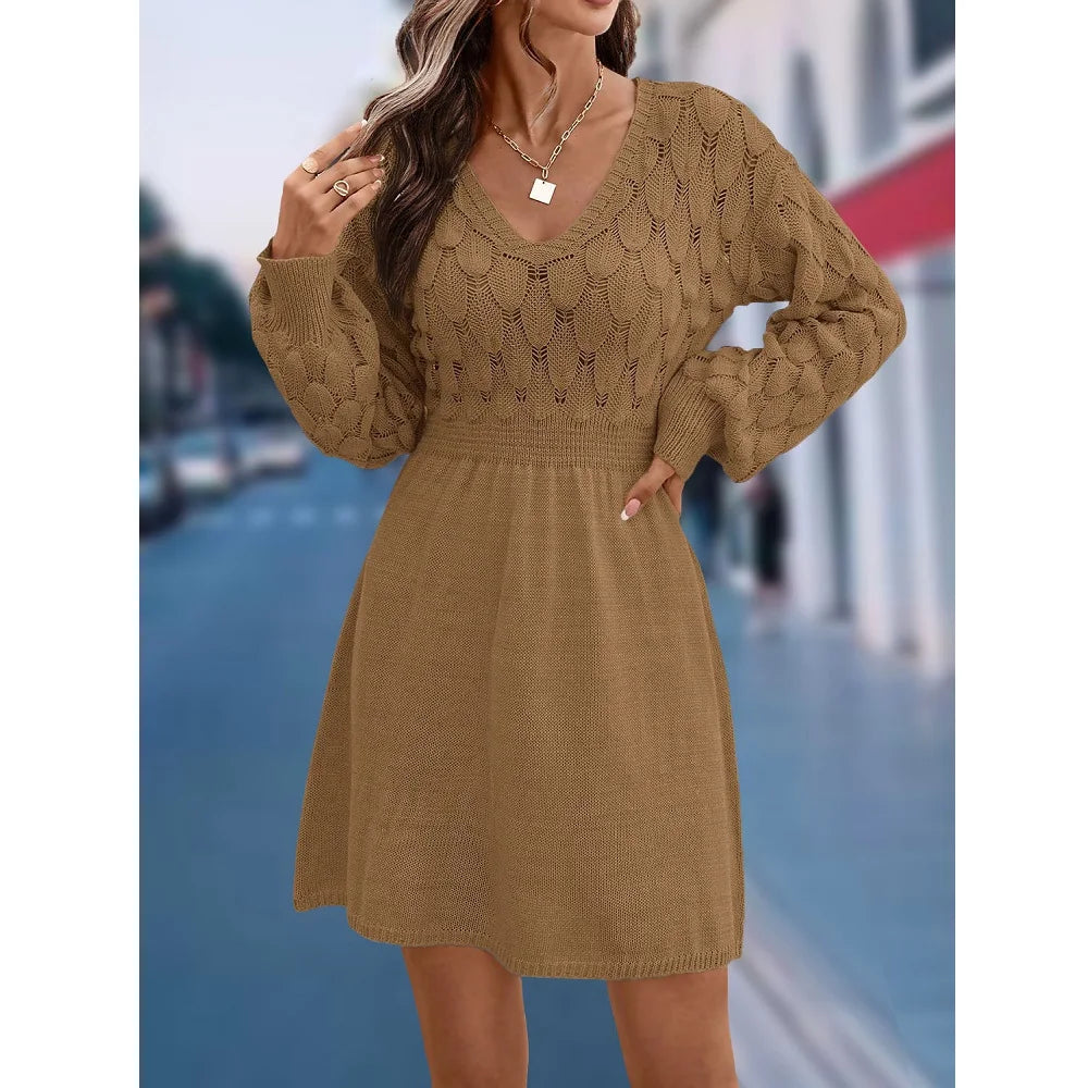 Women Autumn Winter Sweater Dresses V-neck 3D Crochet Knitted Long Pullovers Sweaters Dress