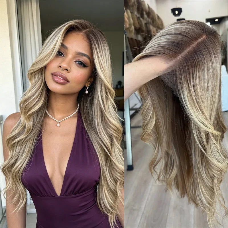 Glueless 13x4 Lace Front Wig Preplucked Brown Blonde Highlight Loose Wave Synthetic Hair for Women Daily Wear