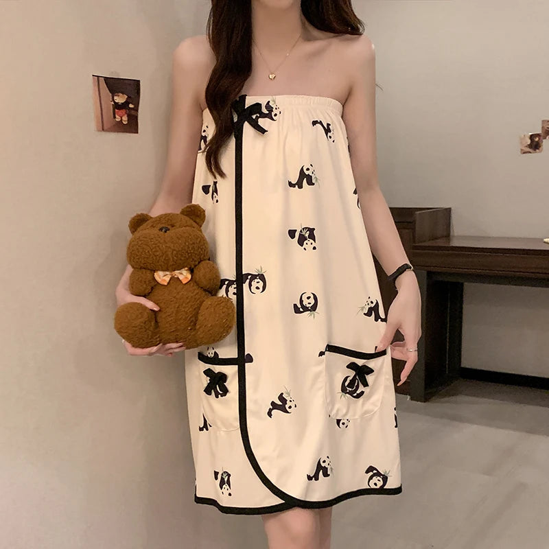 Black Rose Sexy Cotton Bathrobe Women's Chemise Nightgown Home Clothes with Headscarf Summer Thin Knitted Fabric Youth Size