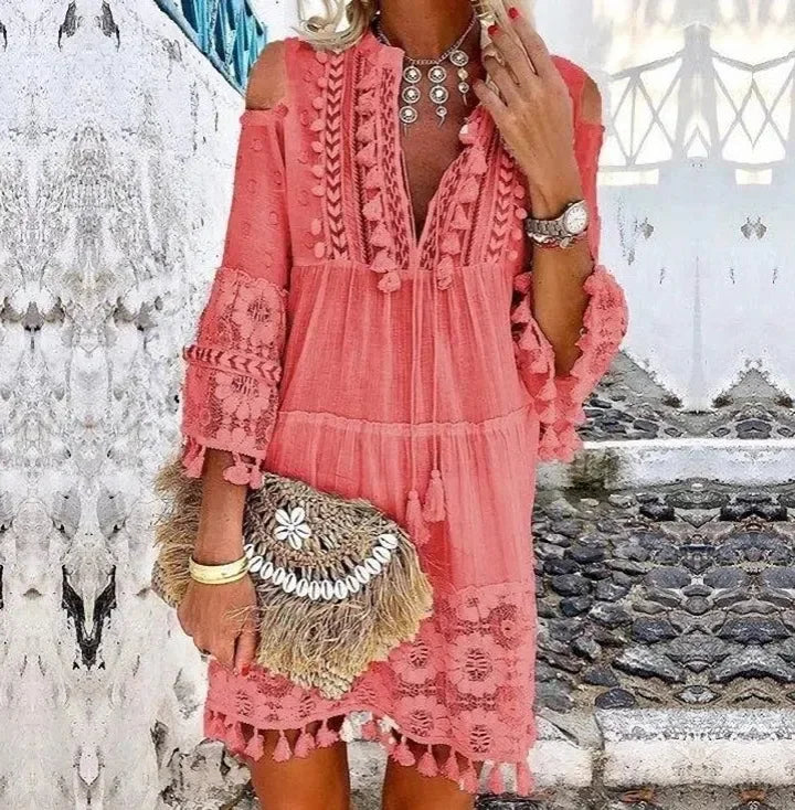Women Mini Dress V Neck Full Sleeve Short Dress Lace Tassel Bohemian Style Loose Casual Plus Maxi Size Party Night Summer 2024