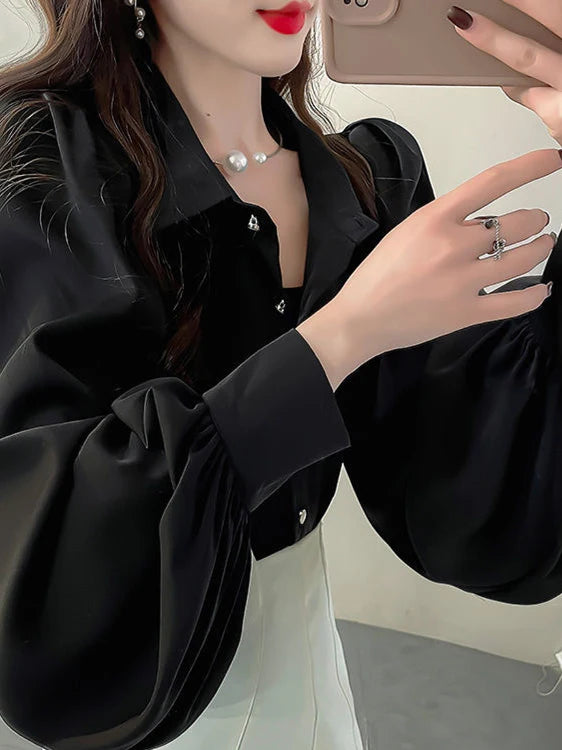 Retro Elegant Women's Long Sleeve Shirt Spring Autumn New Design  Fashionable Top  Collar Loose Fit UV Protection