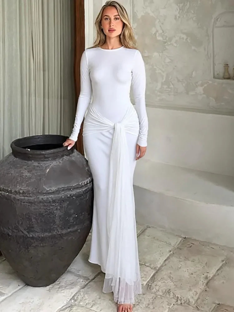 Long Sleeve Ruched Draped Sexy Maxi Dress Women Autumn Fashion White O Neck High Waist Slim Club Long Dresses Female