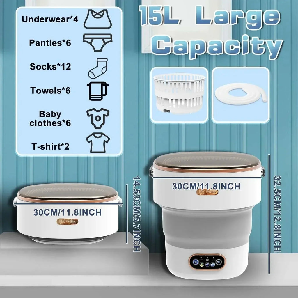 Mini Portable Washer Foldable 15L High-Capacity Spin Basket for Underwear Pants & Socks with Hidden Drainage Pipe
