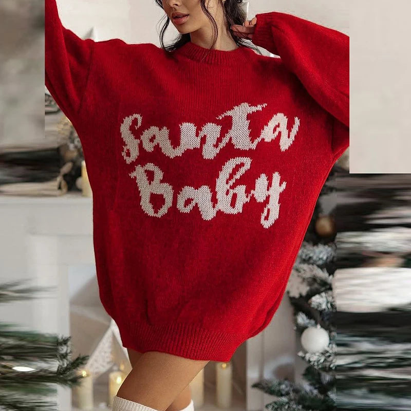 Christmas Sweater Dress Women Elegant Evening Dress Woman Autumn Winter Printed Knitted Sweaters For Women Mini Dress Jumper Red