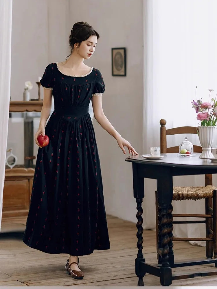 84-96cm Bust Summer Maxi Dresses For Women Vintage Elegant Slim Floral Dresses Comfortable And Soft 100%Cotton Long Black Dress