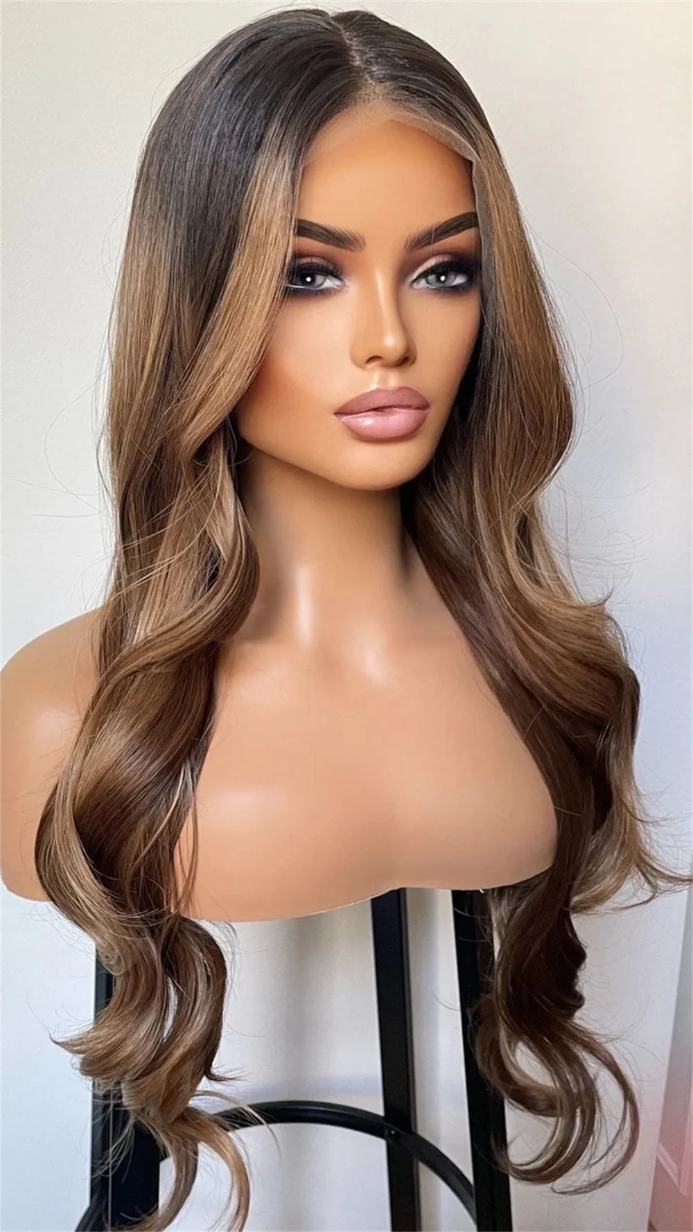 Fashion Lace Front Wig 13x4 Dark Brown Blonde Highlights Glueless Transparent Synthetic Wig for Women 2026 Style Long Loose Wavy