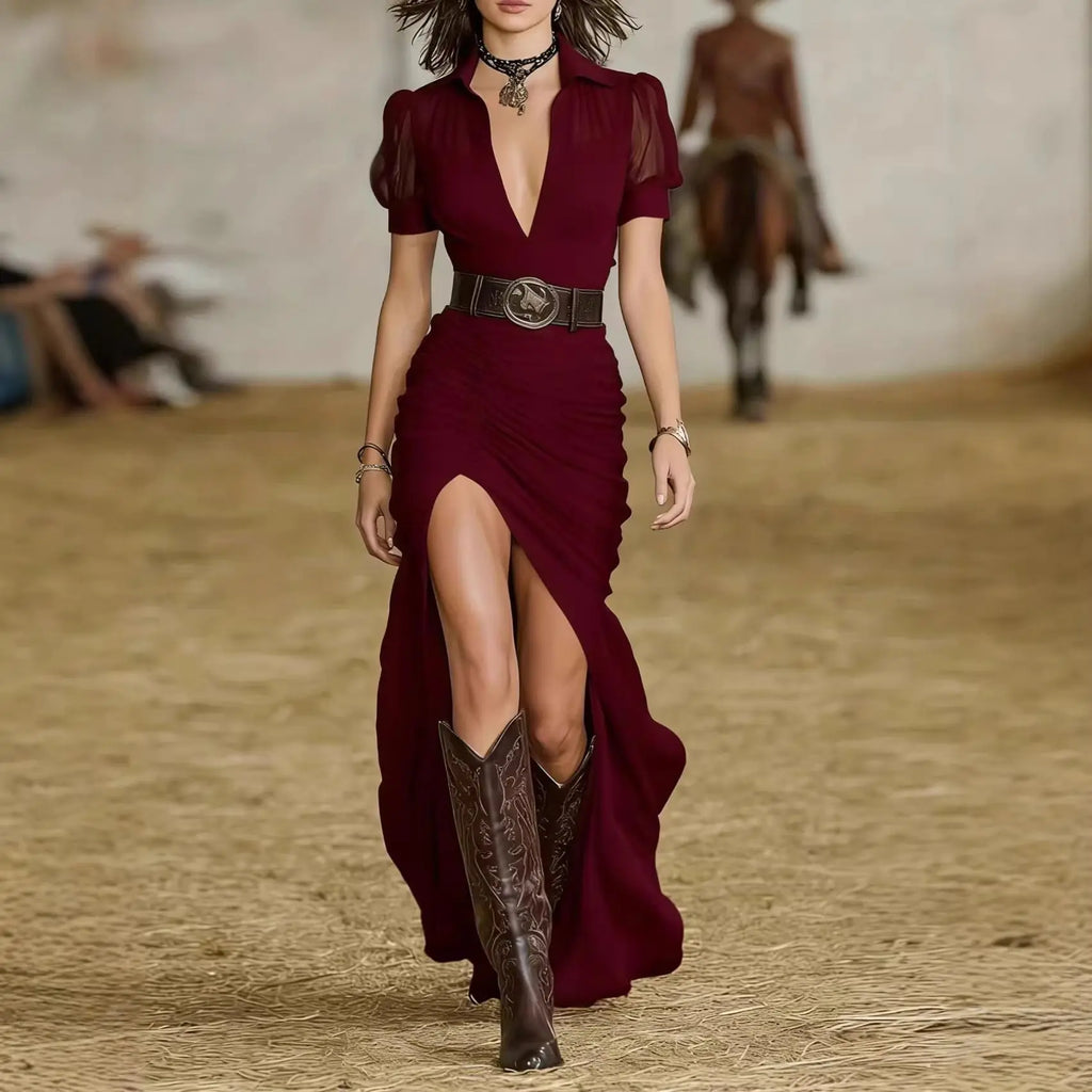 2026 Western Style Mesh Fashion Maxi Dress For Women Short Sleeve V Neck Puff Sleeve Ruched High Slit Sheer Party Evening Dress