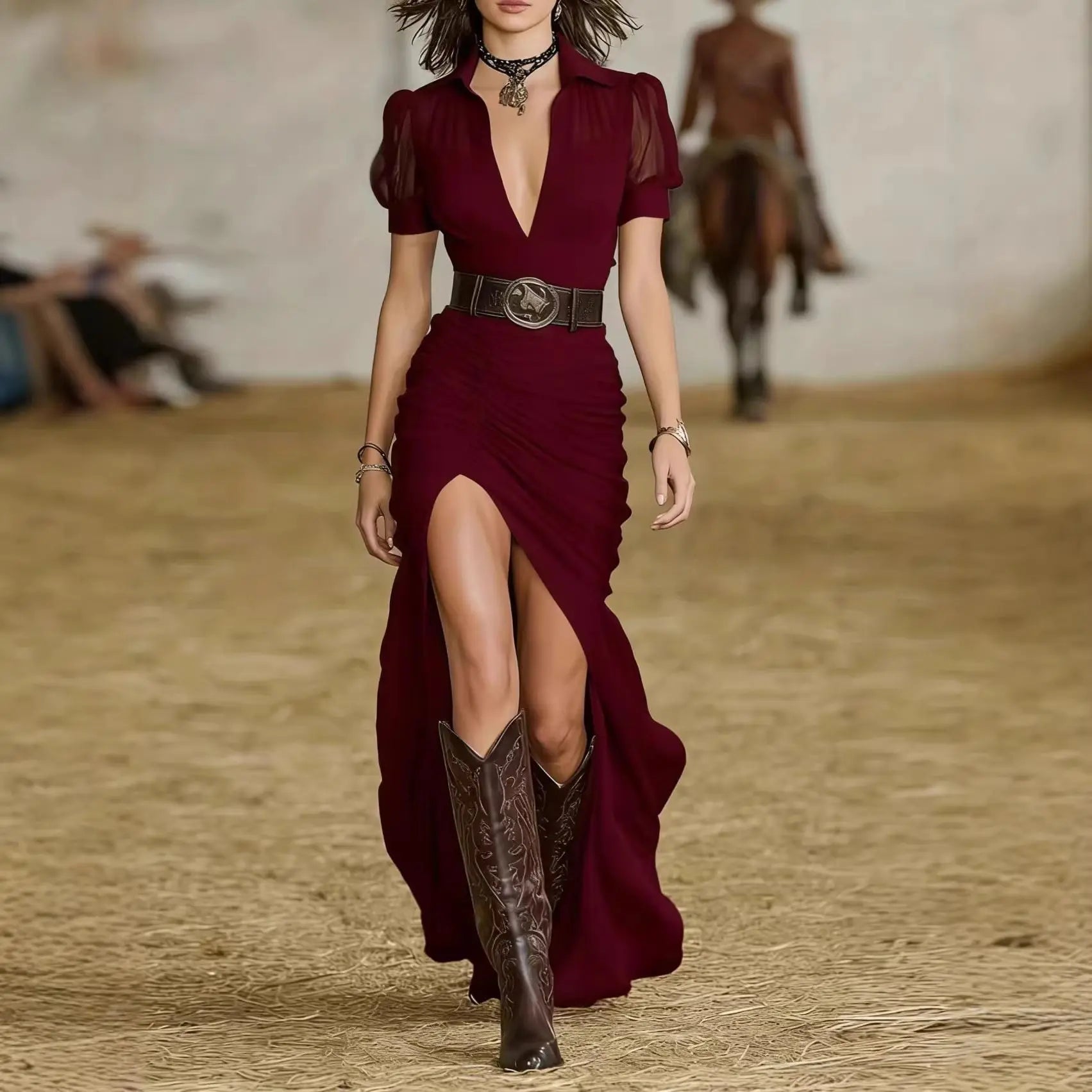 2026 Western Style Mesh Fashion Maxi Dress For Women Short Sleeve V Neck Puff Sleeve Ruched High Slit Sheer Party Evening Dress