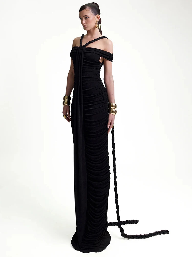 Bodycon Black Dress Elegant Braid Evening Gown for Women Off Shoulder Ruched White Long Dresses Slimming 2025 New Party Vestdio