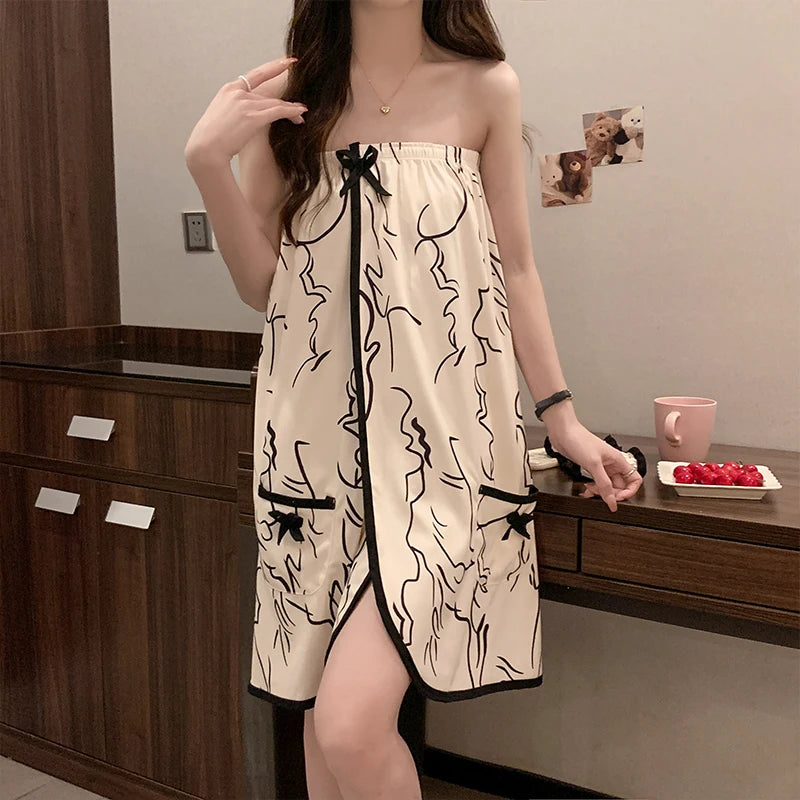 Black Rose Sexy Cotton Bathrobe Women's Chemise Nightgown Home Clothes with Headscarf Summer Thin Knitted Fabric Youth Size