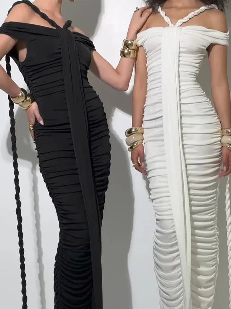 Bodycon Black Dress Elegant Braid Evening Gown for Women Off Shoulder Ruched White Long Dresses Slimming 2025 New Party Vestdio