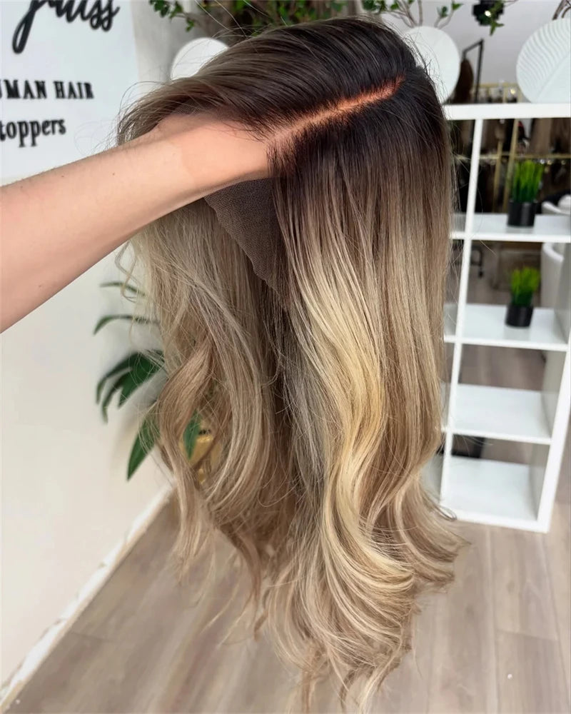 Glueless 13x4 Lace Front Wig Preplucked Brown Blonde Highlight Loose Wave Synthetic Hair for Women Daily Wear