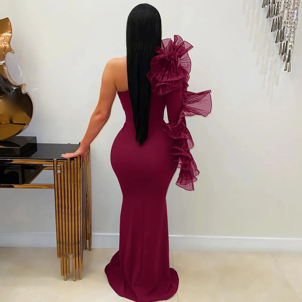 Elegant Women Long Gown Chic 3D Pleated Floral Sleeve Banquet Dress Slash One-Shoulder Asymmetry Slim Evening Dinner Dresses
