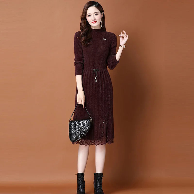 Knitted Dress Women's New Autumn Winter Style Temperament Knitted Over-the-knee Sweater Dress with Coat Trend