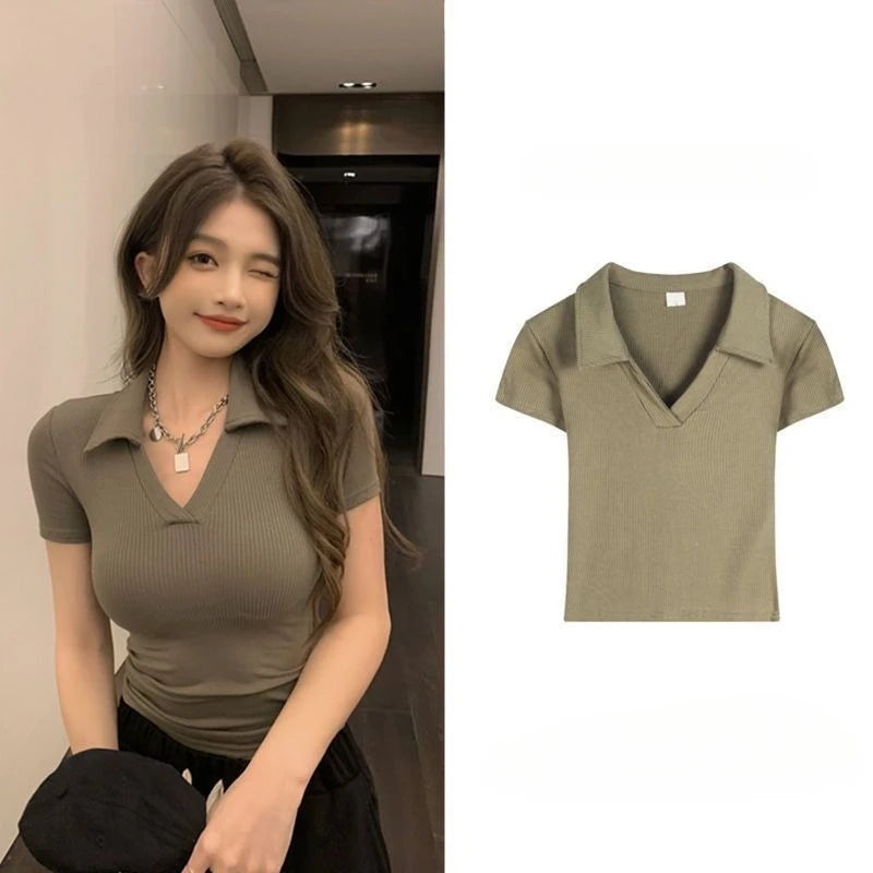 Polo Golf Shirt V-Neck Short Sleeve T-Shirt Women's Summer Harajuku Design Y2K Slim-Fit Base Layer Cropped Top Straight Shoulder