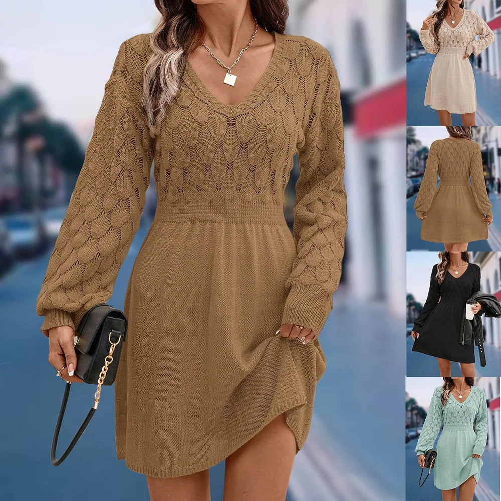 Women Autumn Winter Sweater Dresses V-neck 3D Crochet Knitted Long Pullovers Sweaters Dress