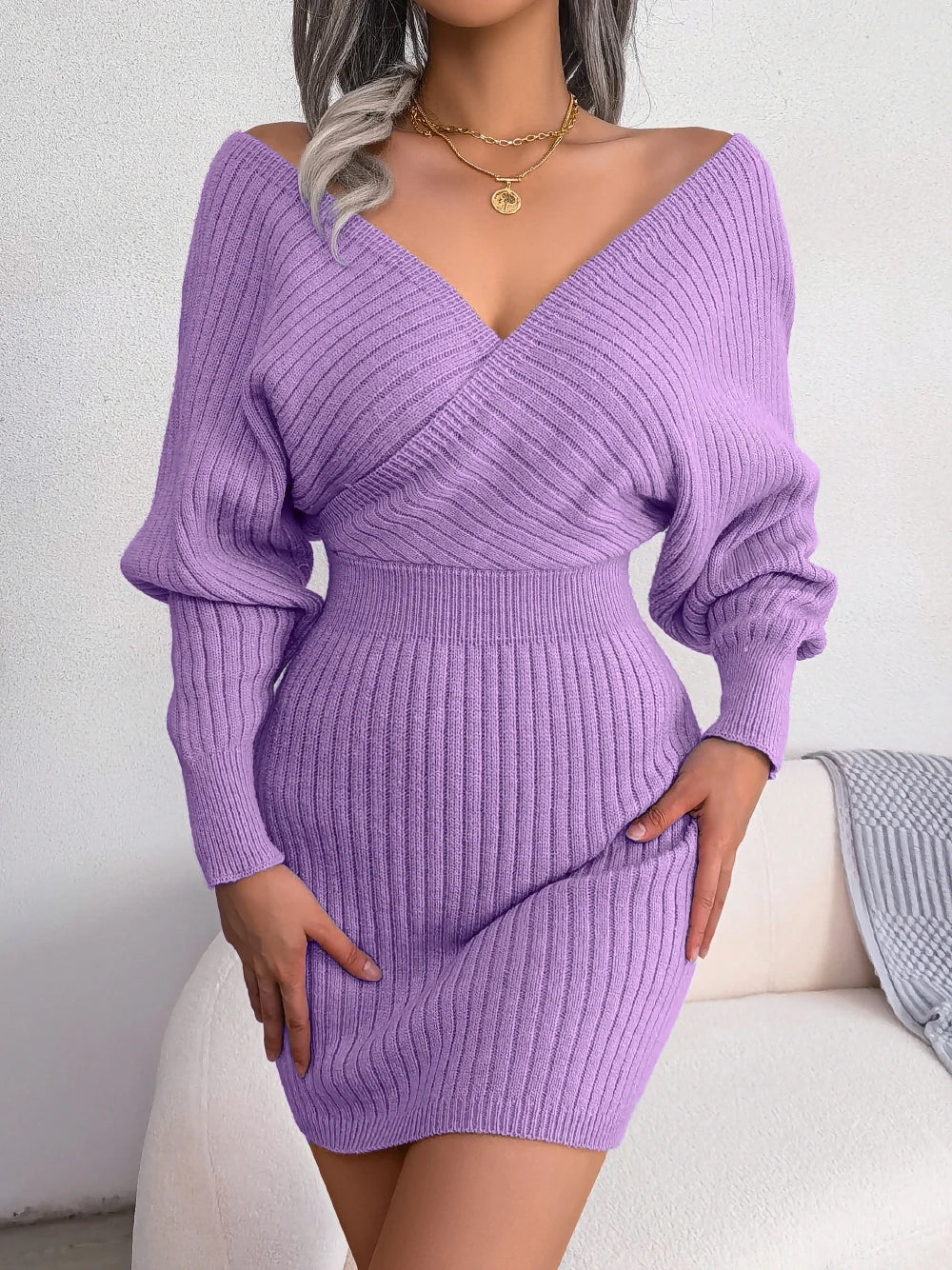 Bodycon Sweater Dresses for Women 2026 Autumn Winter Casual Solid Long Sleeve Knitted Dresses White Green Blue Black Purple