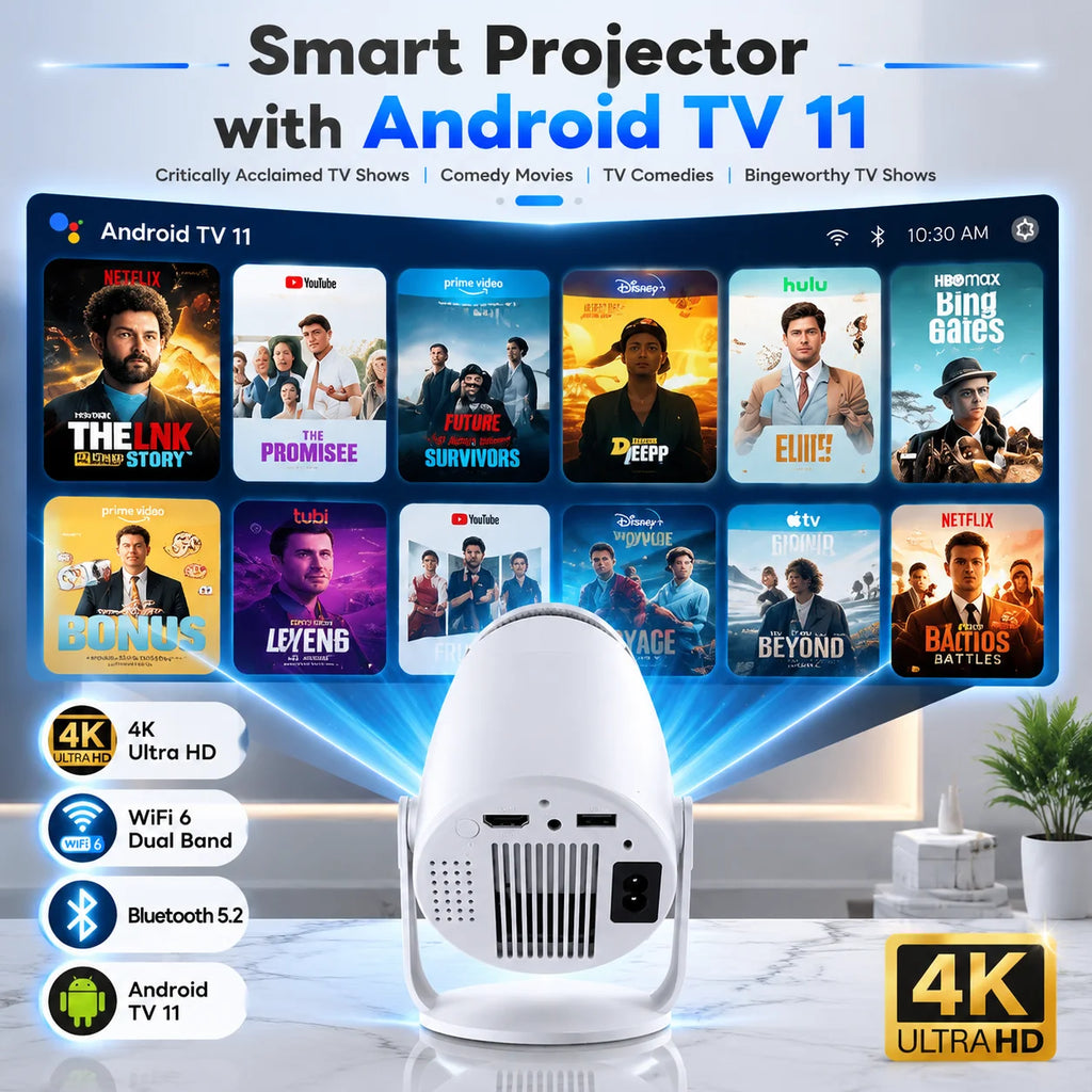 Mini Projector Android TV 11 WiFi 6 Bluetooth 5.2 720P Native 4K Supported 180 Rotation Portable Home Theater