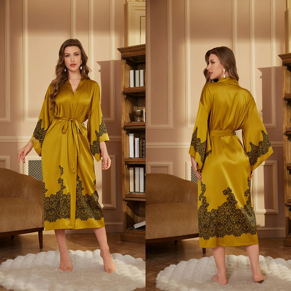 New Pajamas Comfortable Single Robe Long-Sleeved Robe Bathrobe Women's High-Grade Satin Ice Silk Nightgown