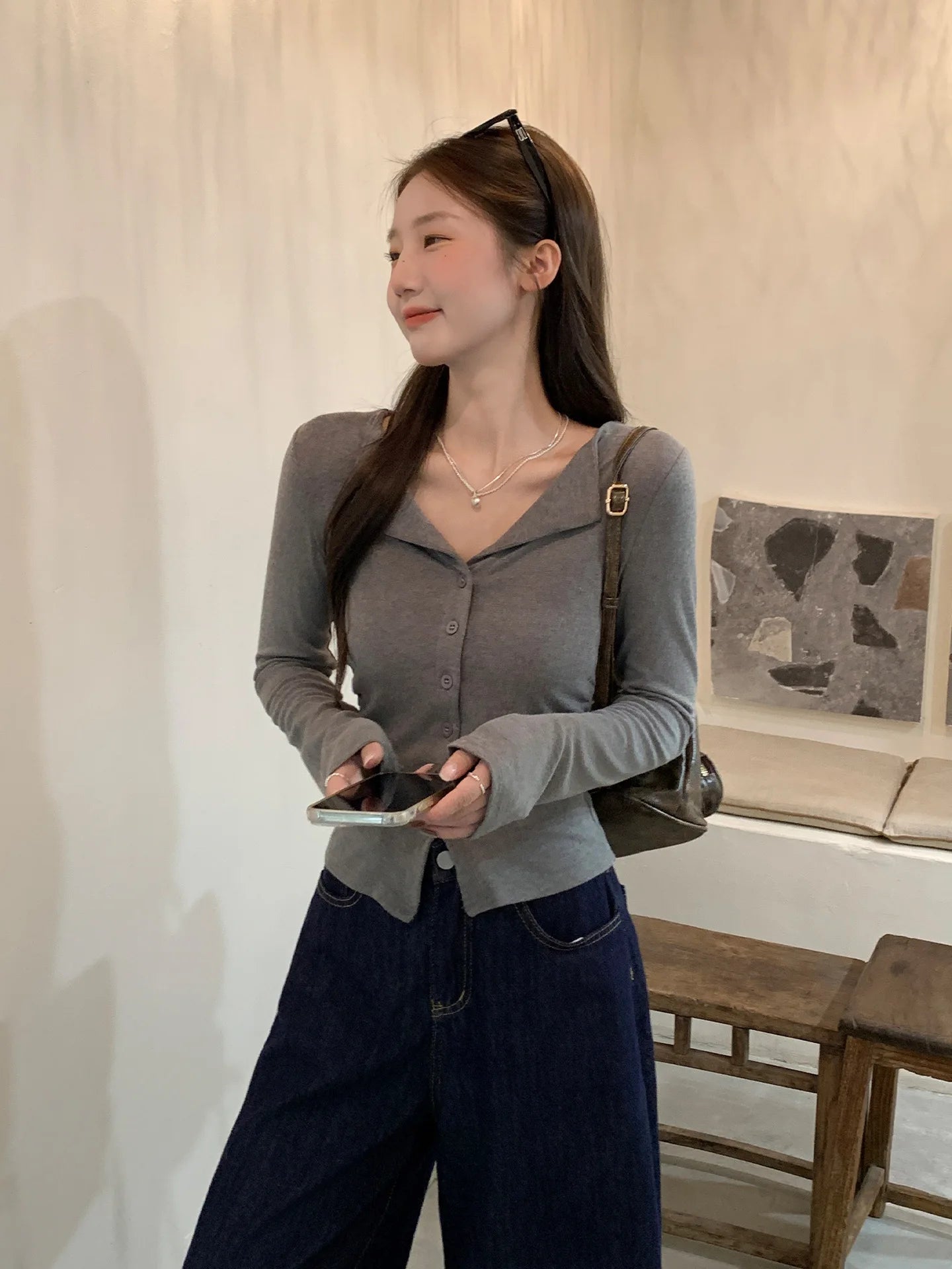 POLO Collar Long-sleeved T-shirt Button Cardigan for Women Korean Autumn Winter Wear Smocked Slim-fitting Bottoming Top