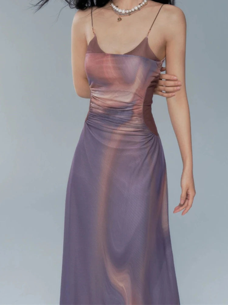 Maxi Dresses Womem Vintage Printing Trendy Summer Design Simple Folds Vestidos Elegant Sexy Ulzzang Ladies Streetwear Sleeveless