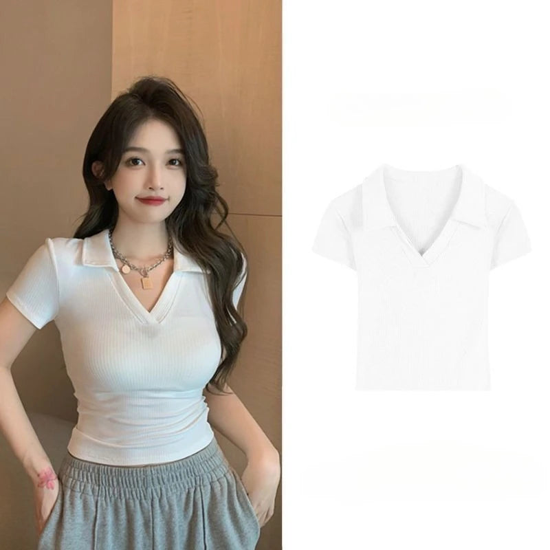 Polo Golf Shirt V-Neck Short Sleeve T-Shirt Women's Summer Harajuku Design Y2K Slim-Fit Base Layer Cropped Top Straight Shoulder