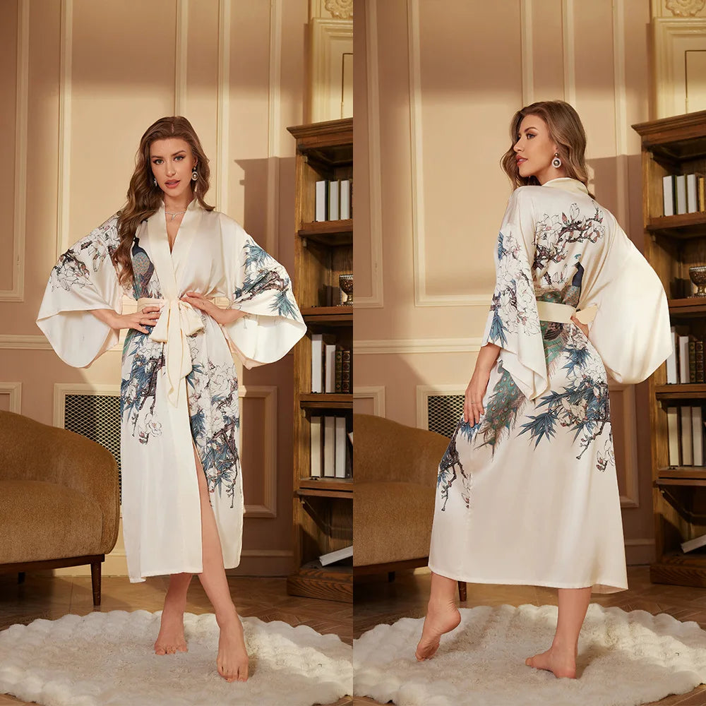 New Pajamas Comfortable Single Robe Long-Sleeved Robe Bathrobe Women's High-Grade Satin Ice Silk Nightgown